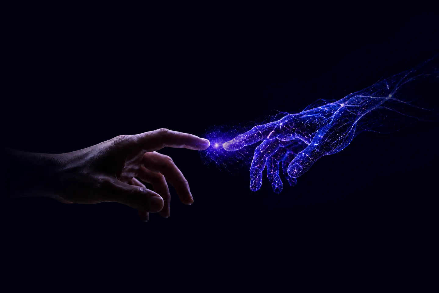 A human hand reaching toward a glowing AI hand made of violet and blue light